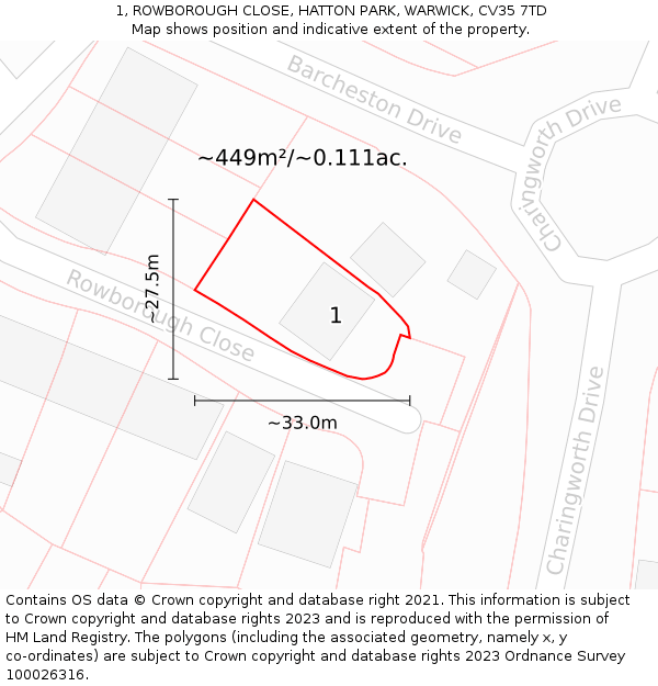 1, ROWBOROUGH CLOSE, HATTON PARK, WARWICK, CV35 7TD: Plot and title map