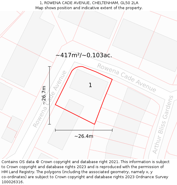 1, ROWENA CADE AVENUE, CHELTENHAM, GL50 2LA: Plot and title map