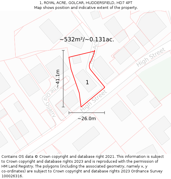 1, ROYAL ACRE, GOLCAR, HUDDERSFIELD, HD7 4PT: Plot and title map