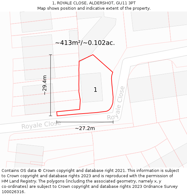 1, ROYALE CLOSE, ALDERSHOT, GU11 3PT: Plot and title map