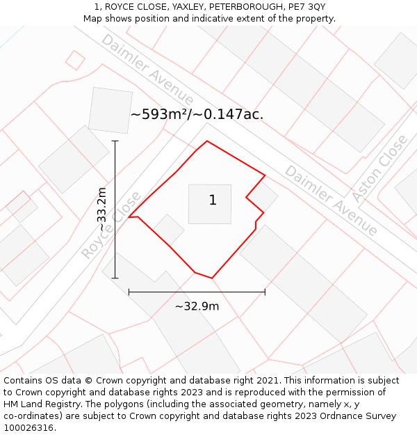 1, ROYCE CLOSE, YAXLEY, PETERBOROUGH, PE7 3QY: Plot and title map