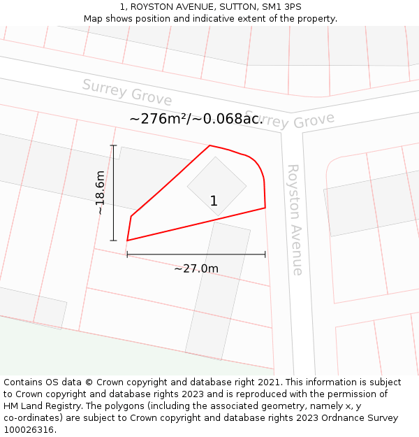 1, ROYSTON AVENUE, SUTTON, SM1 3PS: Plot and title map