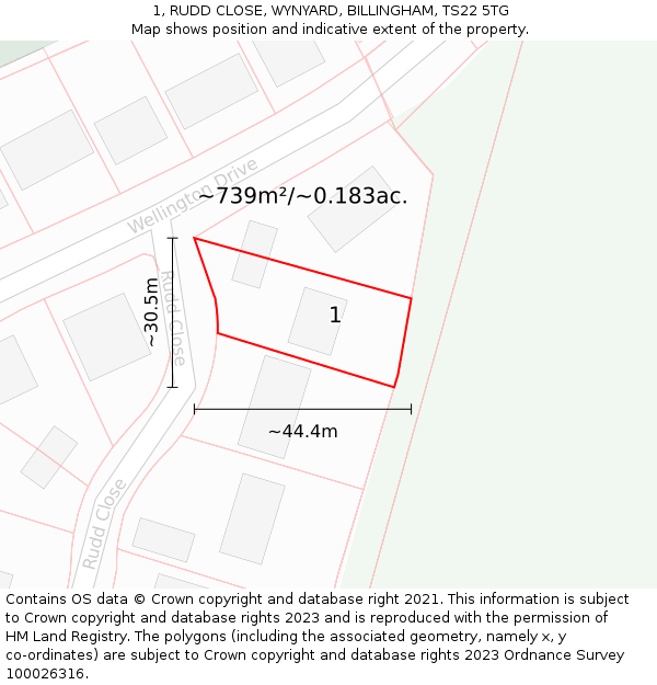 1, RUDD CLOSE, WYNYARD, BILLINGHAM, TS22 5TG: Plot and title map