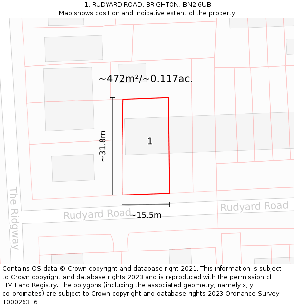 1, RUDYARD ROAD, BRIGHTON, BN2 6UB: Plot and title map