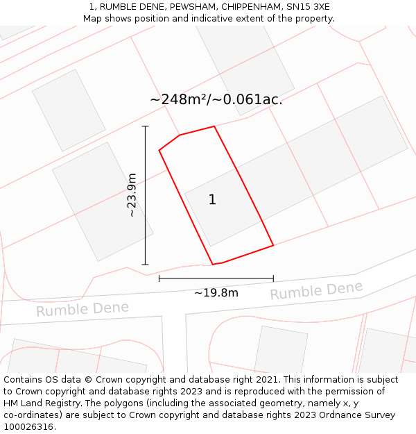 1, RUMBLE DENE, PEWSHAM, CHIPPENHAM, SN15 3XE: Plot and title map