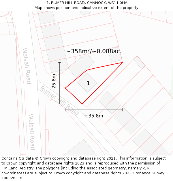 1, RUMER HILL ROAD, CANNOCK, WS11 0HA: Plot and title map