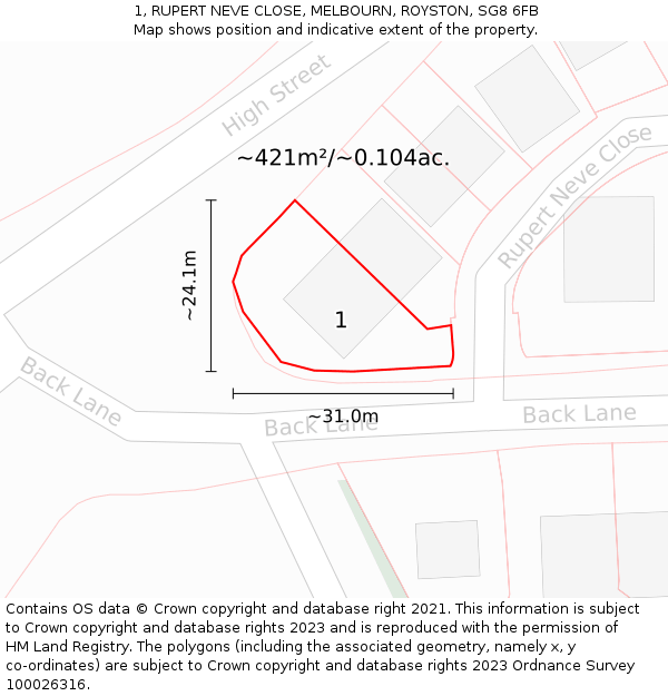 1, RUPERT NEVE CLOSE, MELBOURN, ROYSTON, SG8 6FB: Plot and title map