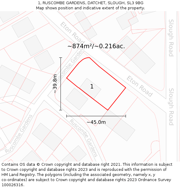 1, RUSCOMBE GARDENS, DATCHET, SLOUGH, SL3 9BG: Plot and title map