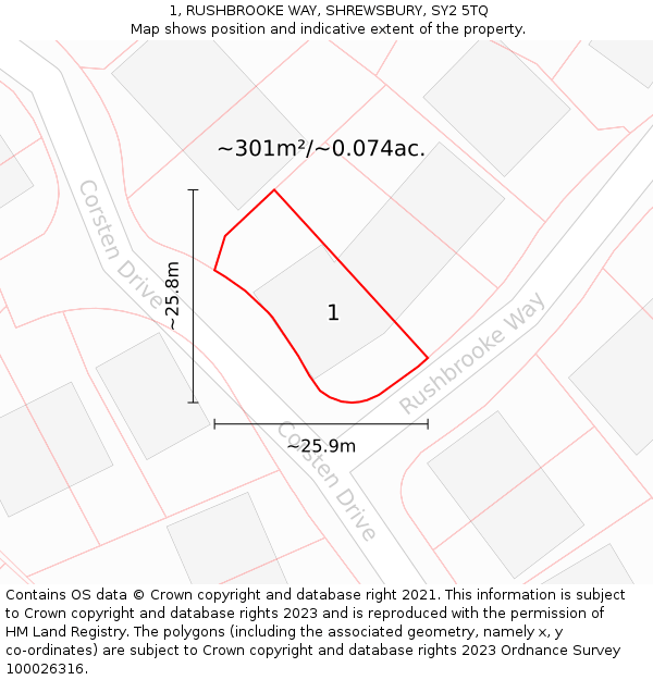 1, RUSHBROOKE WAY, SHREWSBURY, SY2 5TQ: Plot and title map