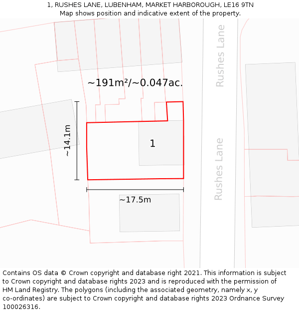 1, RUSHES LANE, LUBENHAM, MARKET HARBOROUGH, LE16 9TN: Plot and title map