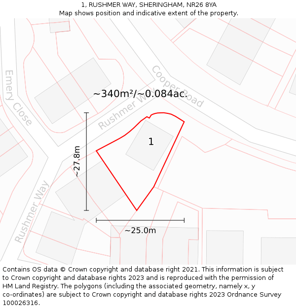 1, RUSHMER WAY, SHERINGHAM, NR26 8YA: Plot and title map