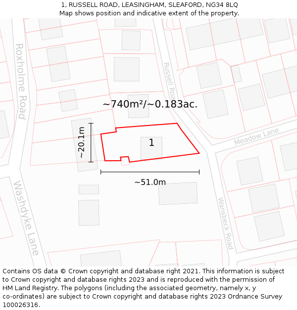 1, RUSSELL ROAD, LEASINGHAM, SLEAFORD, NG34 8LQ: Plot and title map