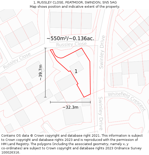 1, RUSSLEY CLOSE, PEATMOOR, SWINDON, SN5 5AG: Plot and title map