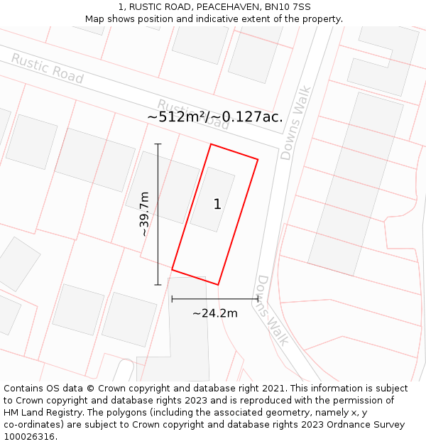 1, RUSTIC ROAD, PEACEHAVEN, BN10 7SS: Plot and title map