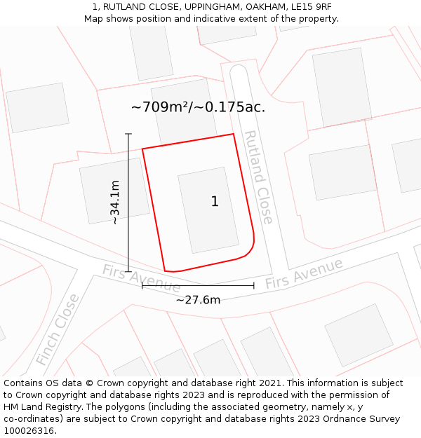 1, RUTLAND CLOSE, UPPINGHAM, OAKHAM, LE15 9RF: Plot and title map
