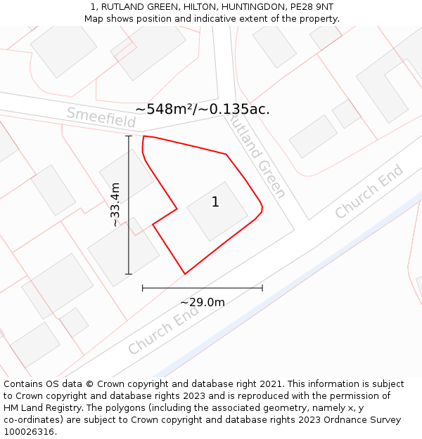 1, RUTLAND GREEN, HILTON, HUNTINGDON, PE28 9NT: Plot and title map