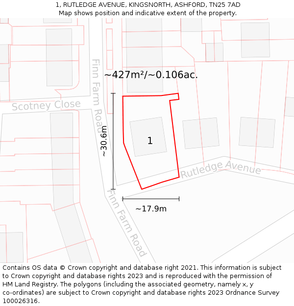 1, RUTLEDGE AVENUE, KINGSNORTH, ASHFORD, TN25 7AD: Plot and title map