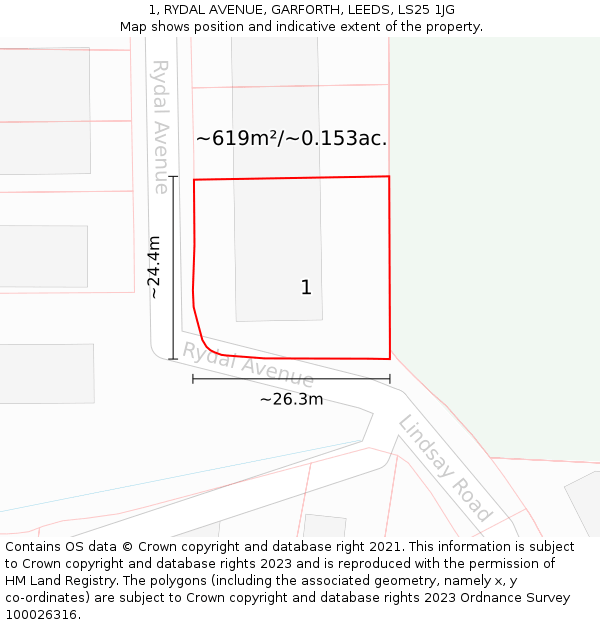 1, RYDAL AVENUE, GARFORTH, LEEDS, LS25 1JG: Plot and title map