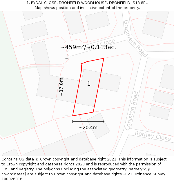 1, RYDAL CLOSE, DRONFIELD WOODHOUSE, DRONFIELD, S18 8PU: Plot and title map