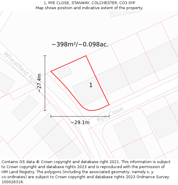 1, RYE CLOSE, STANWAY, COLCHESTER, CO3 0YP: Plot and title map