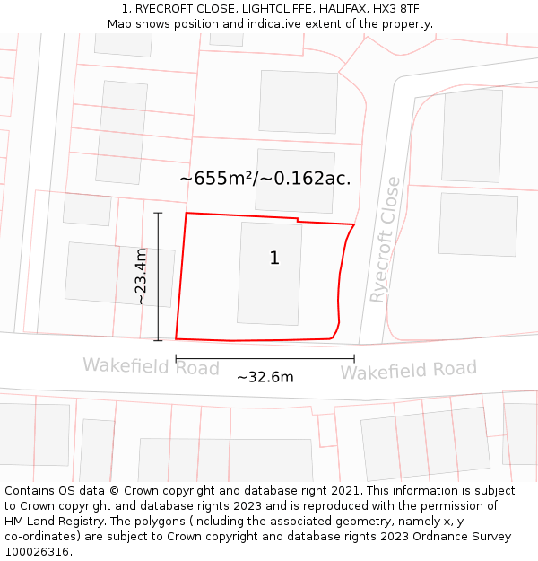 1, RYECROFT CLOSE, LIGHTCLIFFE, HALIFAX, HX3 8TF: Plot and title map