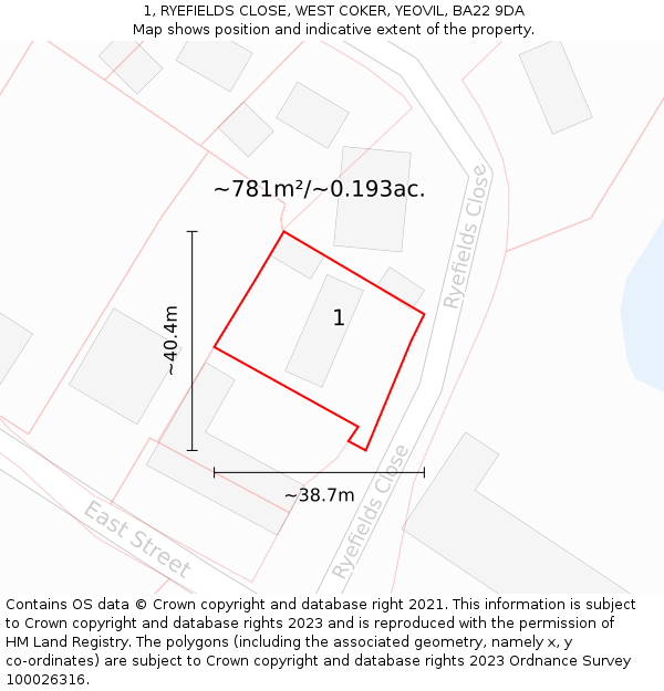 1, RYEFIELDS CLOSE, WEST COKER, YEOVIL, BA22 9DA: Plot and title map