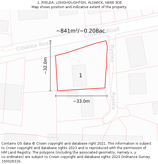 1, RYELEA, LONGHOUGHTON, ALNWICK, NE66 3DE: Plot and title map