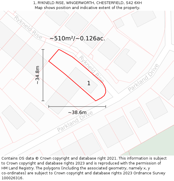 1, RYKNELD RISE, WINGERWORTH, CHESTERFIELD, S42 6XH: Plot and title map