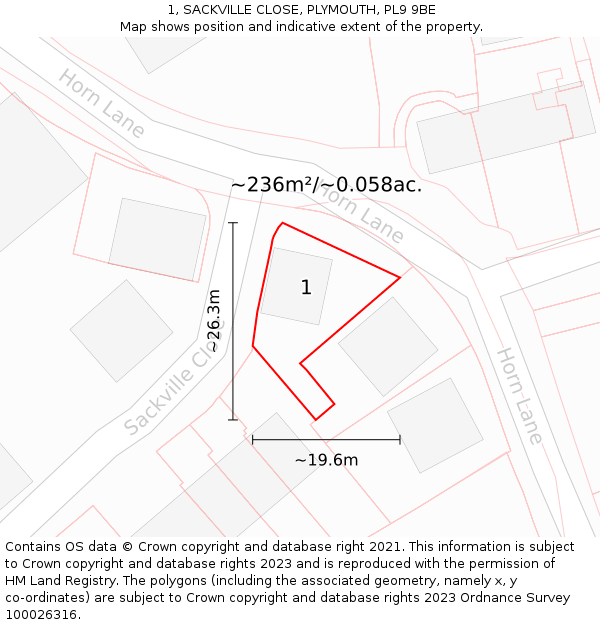 1, SACKVILLE CLOSE, PLYMOUTH, PL9 9BE: Plot and title map