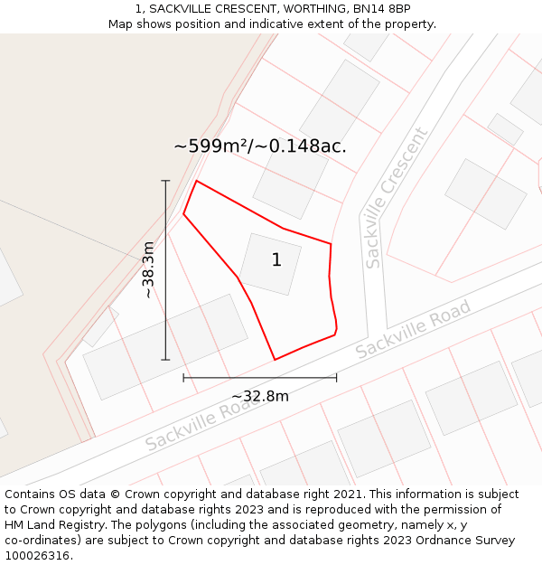 1, SACKVILLE CRESCENT, WORTHING, BN14 8BP: Plot and title map