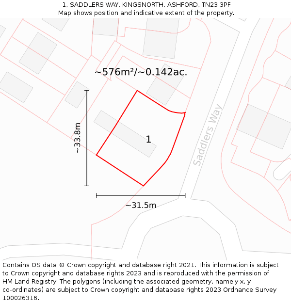 1, SADDLERS WAY, KINGSNORTH, ASHFORD, TN23 3PF: Plot and title map