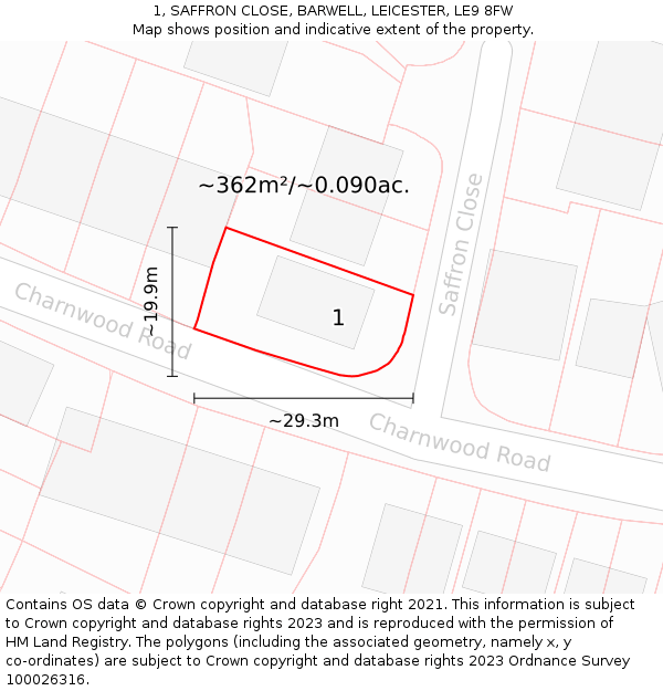 1, SAFFRON CLOSE, BARWELL, LEICESTER, LE9 8FW: Plot and title map
