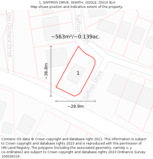 1, SAFFRON DRIVE, SNAITH, GOOLE, DN14 9LH: Plot and title map