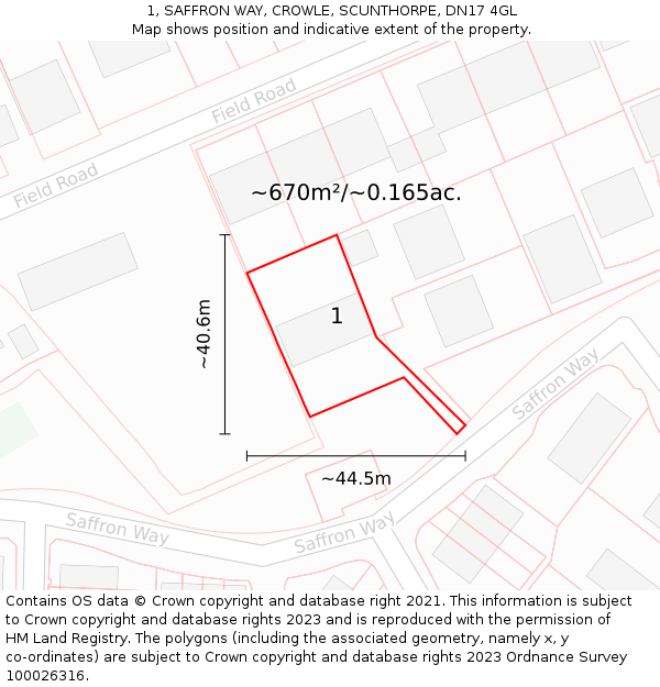 1, SAFFRON WAY, CROWLE, SCUNTHORPE, DN17 4GL: Plot and title map