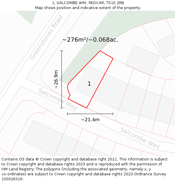 1, SALCOMBE WAY, REDCAR, TS10 2RB: Plot and title map