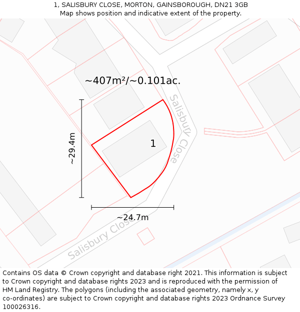 1, SALISBURY CLOSE, MORTON, GAINSBOROUGH, DN21 3GB: Plot and title map