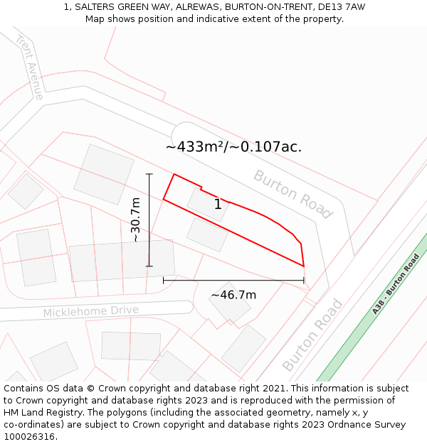 1, SALTERS GREEN WAY, ALREWAS, BURTON-ON-TRENT, DE13 7AW: Plot and title map