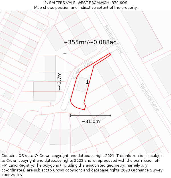1, SALTERS VALE, WEST BROMWICH, B70 6QS: Plot and title map