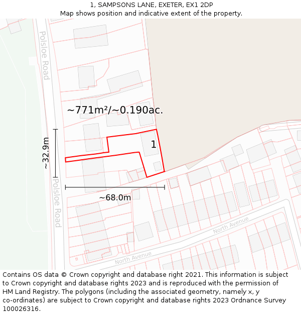 1, SAMPSONS LANE, EXETER, EX1 2DP: Plot and title map