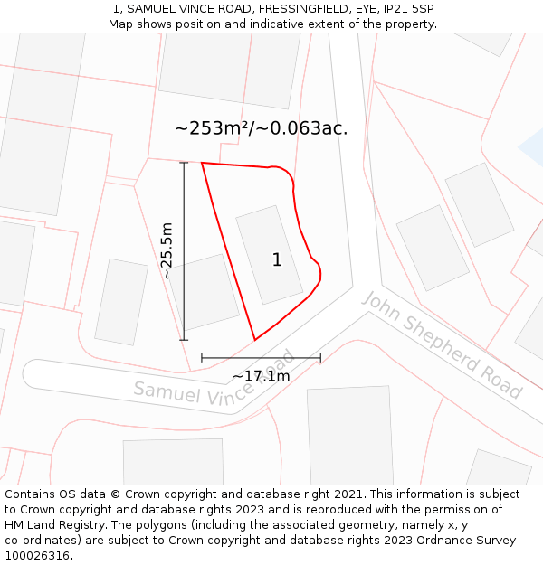 1, SAMUEL VINCE ROAD, FRESSINGFIELD, EYE, IP21 5SP: Plot and title map
