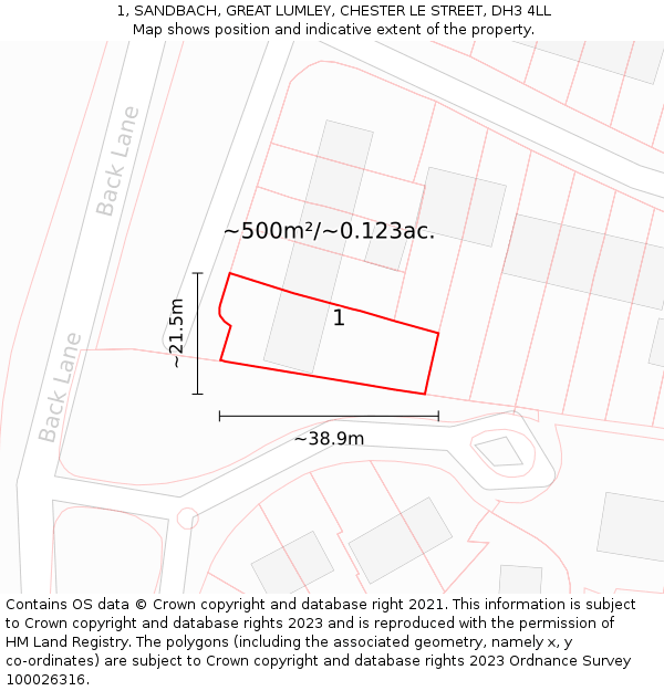 1, SANDBACH, GREAT LUMLEY, CHESTER LE STREET, DH3 4LL: Plot and title map