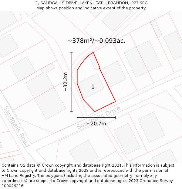 1, SANDGALLS DRIVE, LAKENHEATH, BRANDON, IP27 9EG: Plot and title map