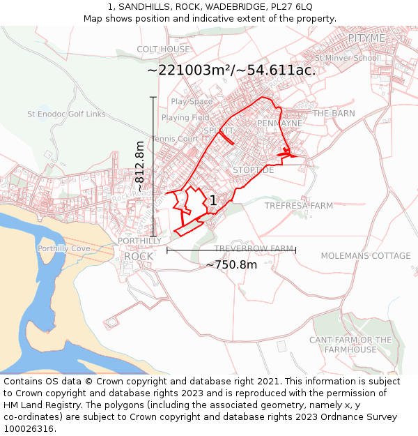 1, SANDHILLS, ROCK, WADEBRIDGE, PL27 6LQ: Plot and title map