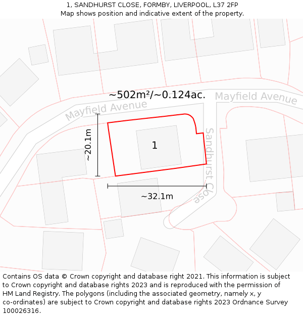 1, SANDHURST CLOSE, FORMBY, LIVERPOOL, L37 2FP: Plot and title map