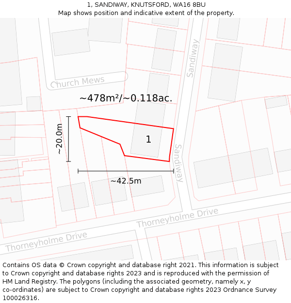 1, SANDIWAY, KNUTSFORD, WA16 8BU: Plot and title map