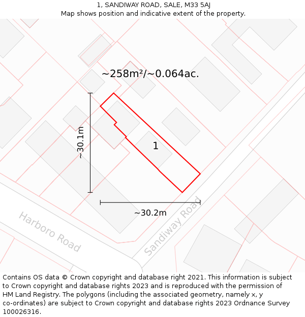 1, SANDIWAY ROAD, SALE, M33 5AJ: Plot and title map