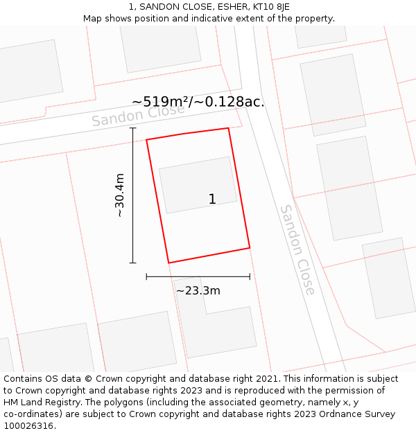 1, SANDON CLOSE, ESHER, KT10 8JE: Plot and title map