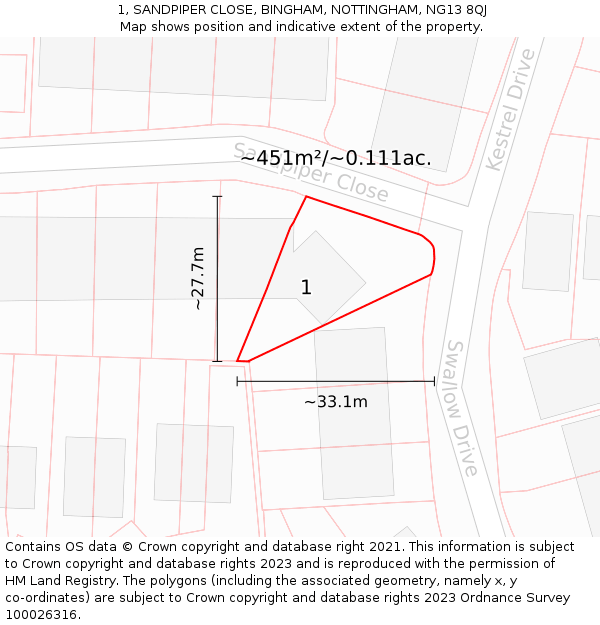 1, SANDPIPER CLOSE, BINGHAM, NOTTINGHAM, NG13 8QJ: Plot and title map