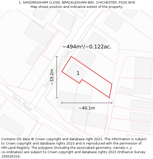 1, SANDRINGHAM CLOSE, BRACKLESHAM BAY, CHICHESTER, PO20 8HS: Plot and title map