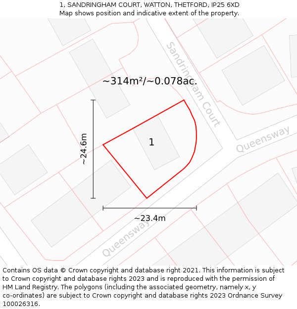 1, SANDRINGHAM COURT, WATTON, THETFORD, IP25 6XD: Plot and title map